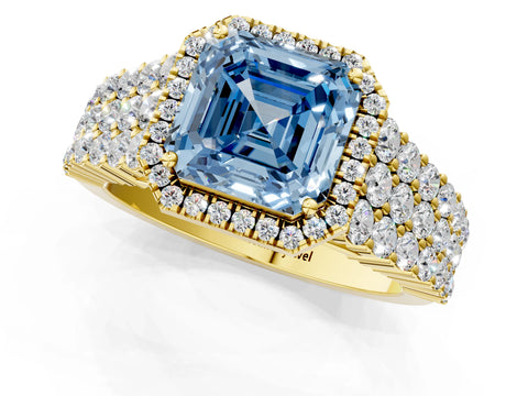 Yellow gold Fancy Blue Asscher Cut Halo Pavé Diamond Engagement Ring with Split Shank and Four-Prong Setting_4