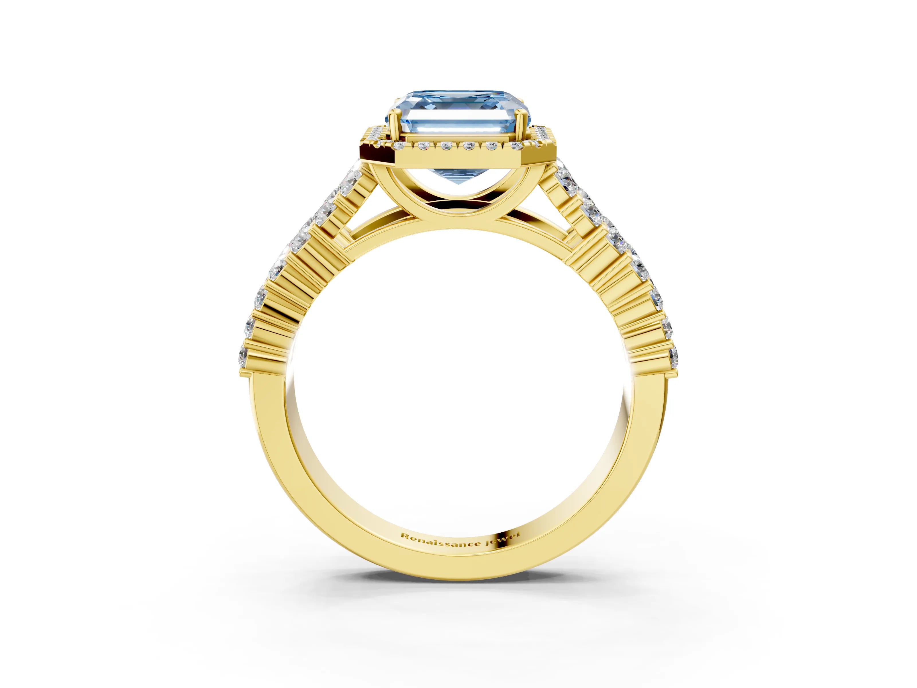 Yellow gold Fancy Blue Asscher Cut Halo Pavé Diamond Engagement Ring with Split Shank and Four-Prong Setting_6