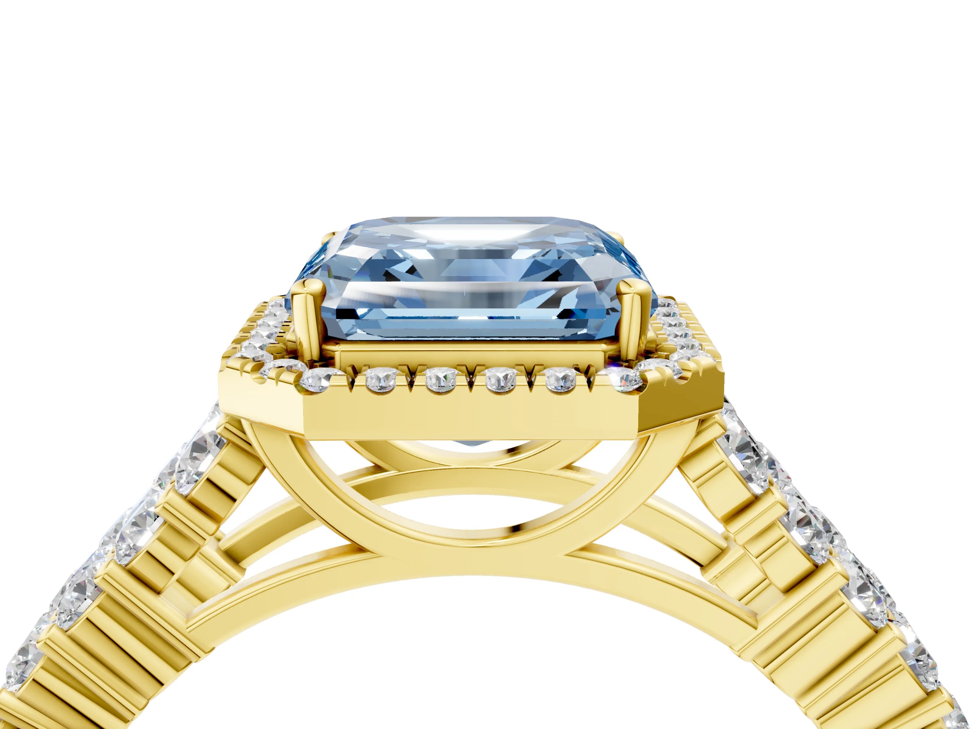 Yellow gold Fancy Blue Asscher Cut Halo Pavé Diamond Engagement Ring with Split Shank and Four-Prong Setting_7