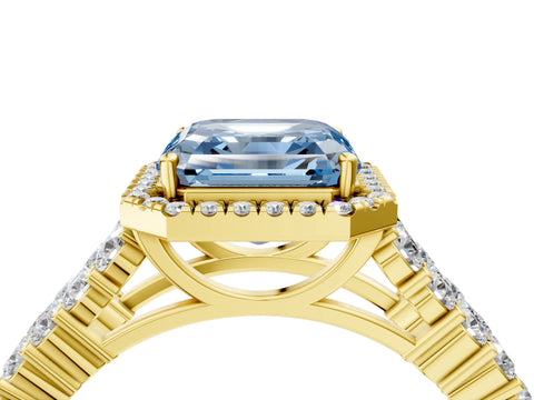 Yellow gold Fancy Blue Asscher Cut Halo Pavé Diamond Engagement Ring with Split Shank and Four-Prong Setting_7