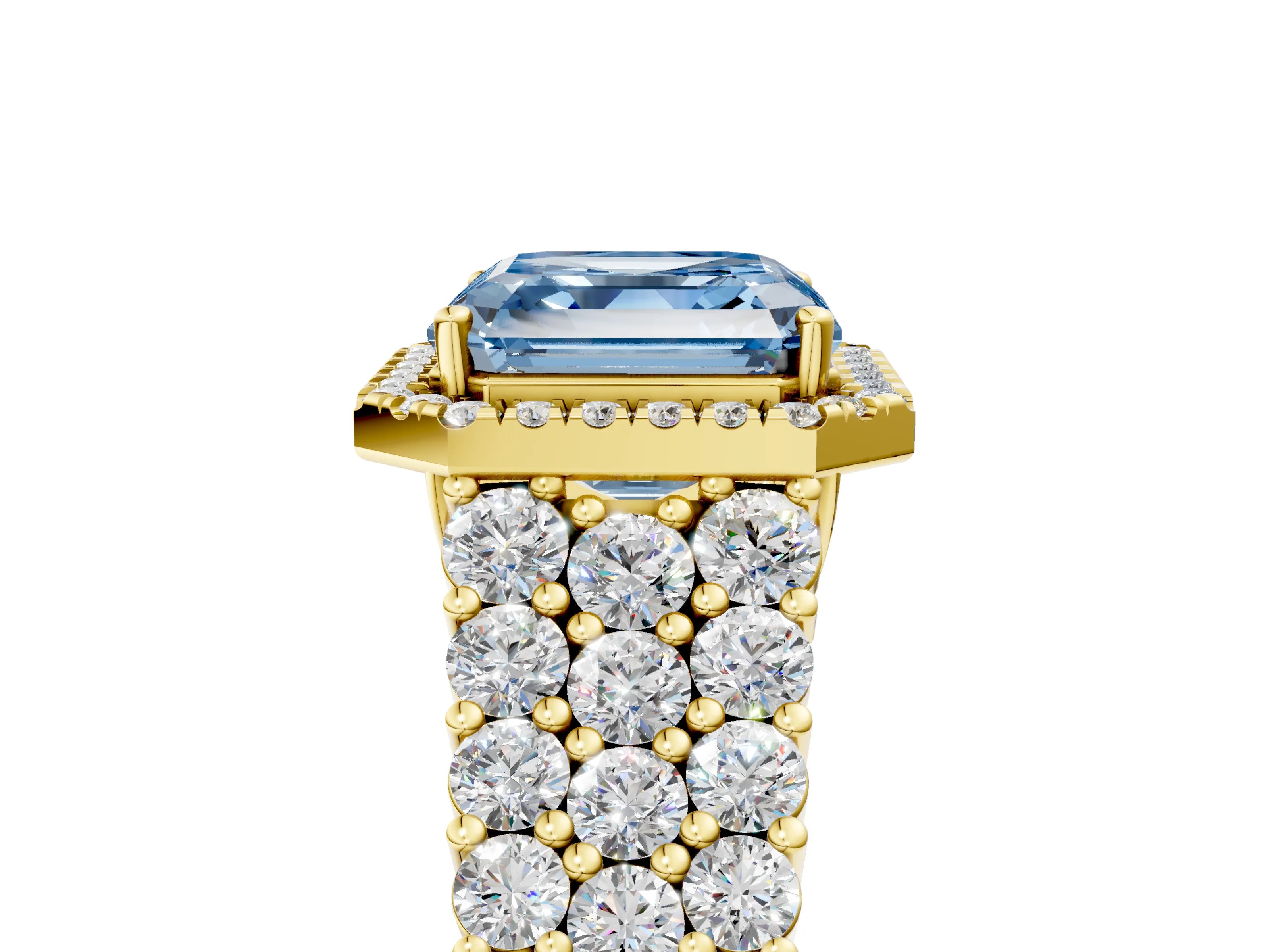 Yellow gold Fancy Blue Asscher Cut Halo Pavé Diamond Engagement Ring with Split Shank and Four-Prong Setting_8