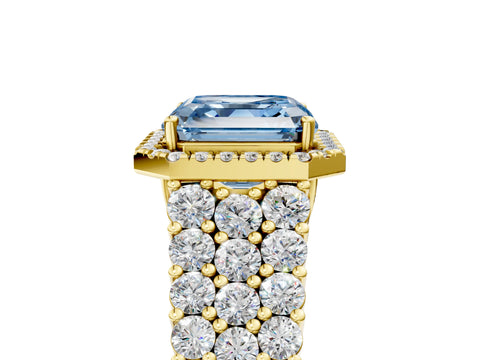 Yellow gold Fancy Blue Asscher Cut Halo Pavé Diamond Engagement Ring with Split Shank and Four-Prong Setting_8