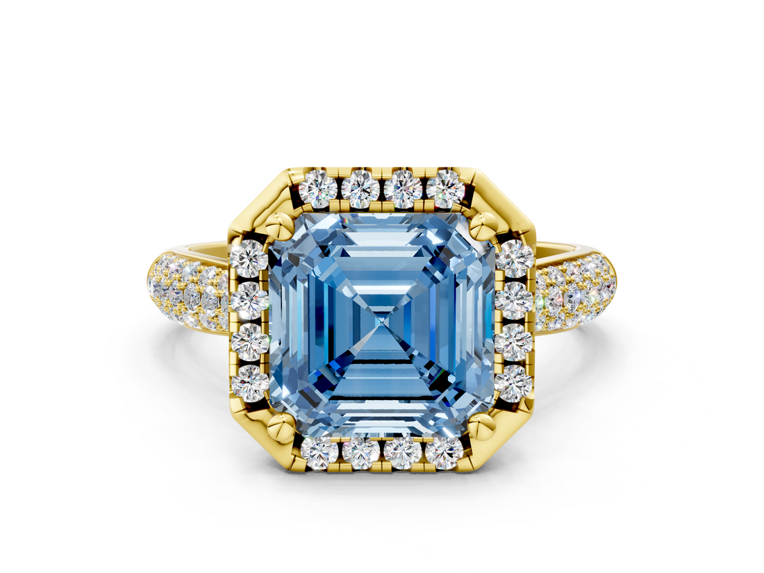 Yellow gold Fancy Blue Asscher  Cut Halo Pave Band Four-Prong Setting Ring