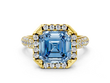 Yellow gold Fancy Blue Asscher  Cut Halo Pave Band Four-Prong Setting Ring