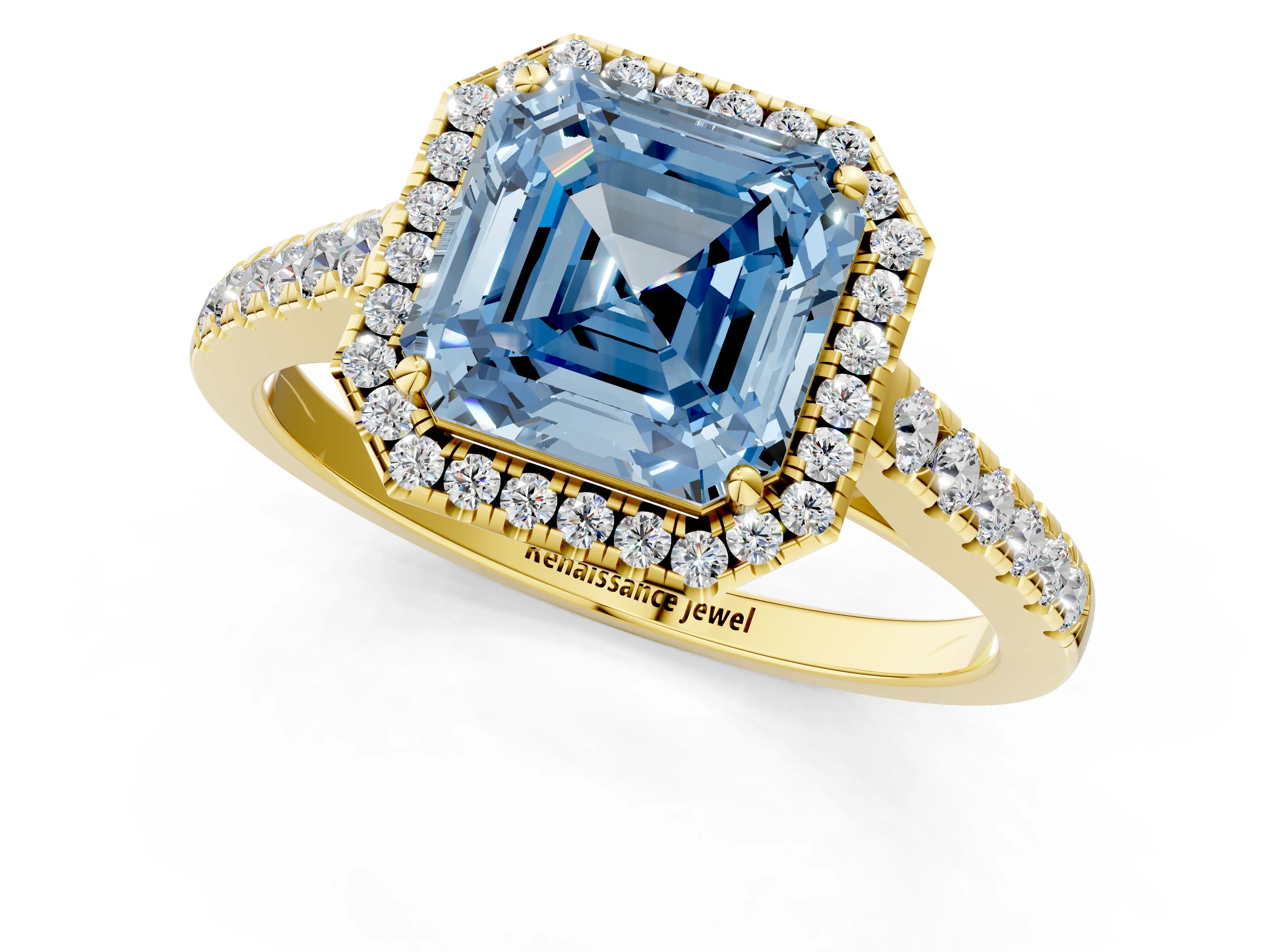 Yellow gold Fancy Blue Asscher Cut Halo Pave Diamond Engagement Ring with Four-Prong Setting_1