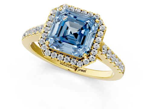Yellow gold Fancy Blue Asscher Cut Halo Pave Diamond Engagement Ring with Four-Prong Setting_1