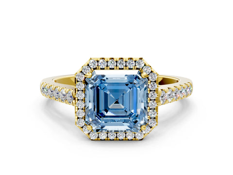 Yellow gold Fancy Blue Asscher Cut Halo Pave Diamond Engagement Ring with Four-Prong Setting