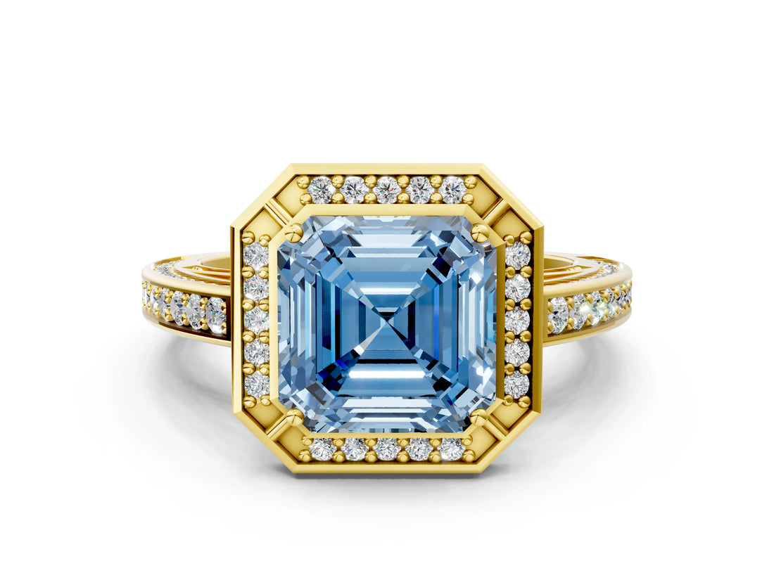 Yellow gold Fancy Blue Asscher  Cut Halo Pave Split Shank Prong Setting Ring_54