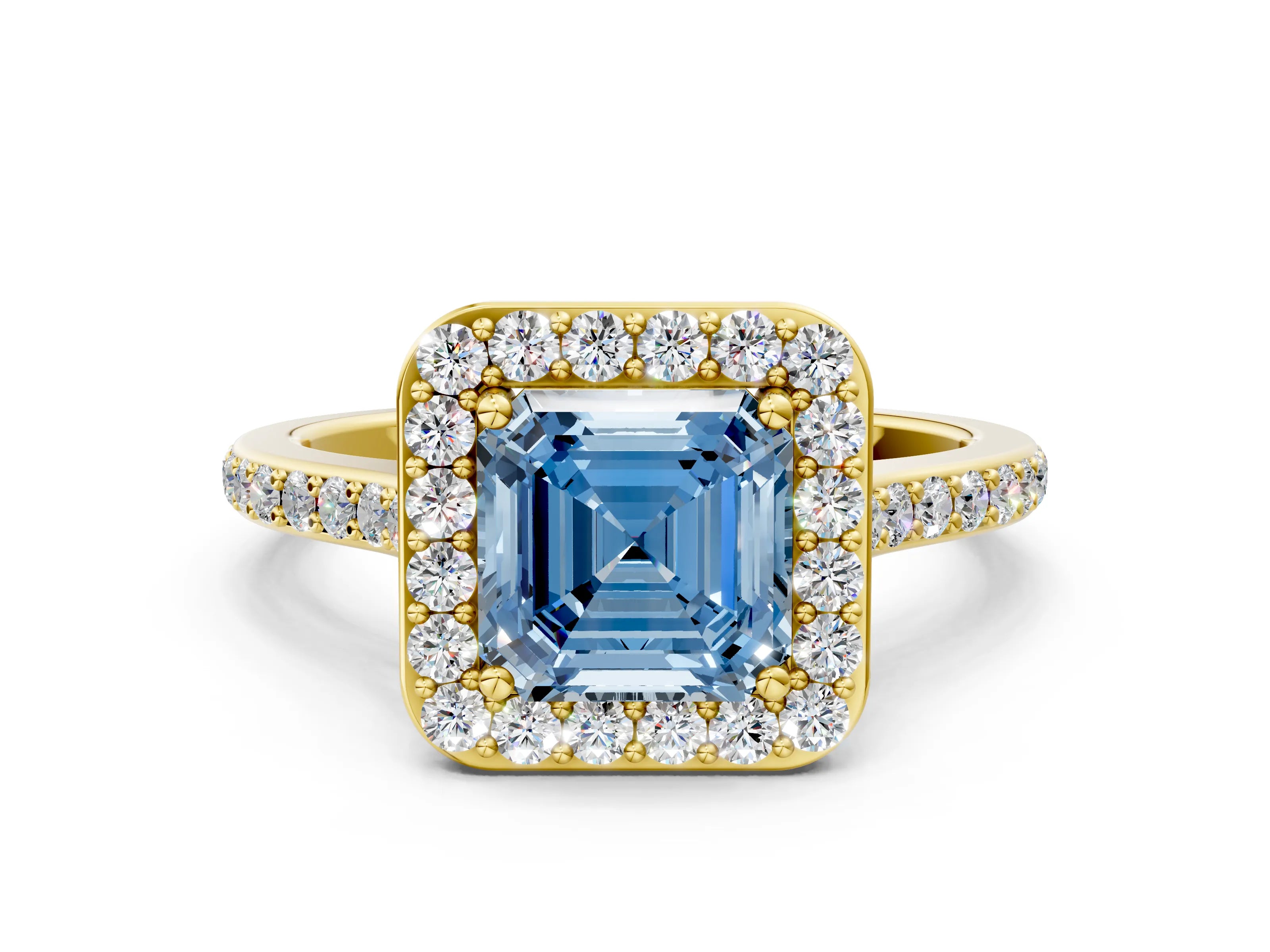 Yellow gold Fancy Blue Asscher Cut Halo Round Diamond Pavé Band with Four-Prong Setting_3