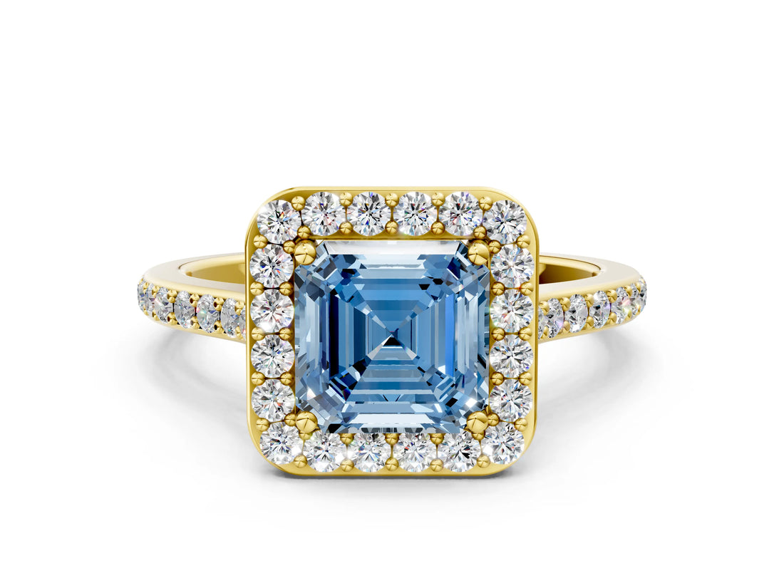 Yellow gold Fancy Blue Asscher Cut Halo Round Diamond Pavé Band with Four-Prong Setting_3