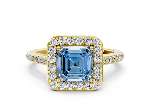 Yellow gold Fancy Blue Asscher Cut Halo Round Diamond Pavé Band with Four-Prong Setting_3
