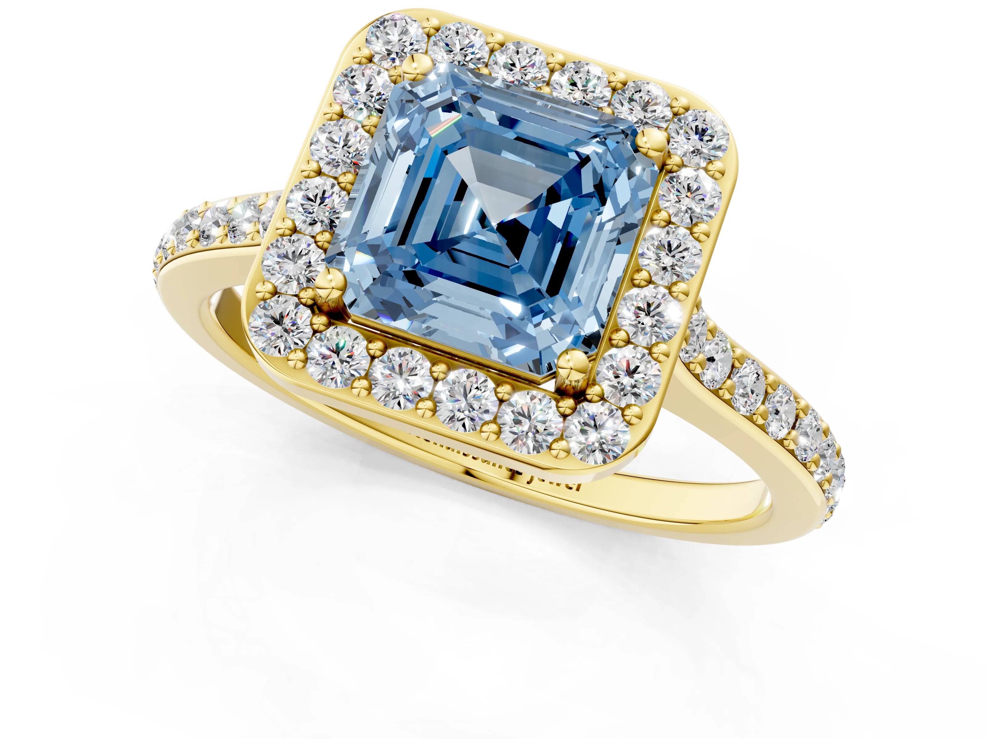 Yellow gold Fancy Blue Asscher Cut Halo Round Diamond Pavé Band with Four-Prong Setting_4
