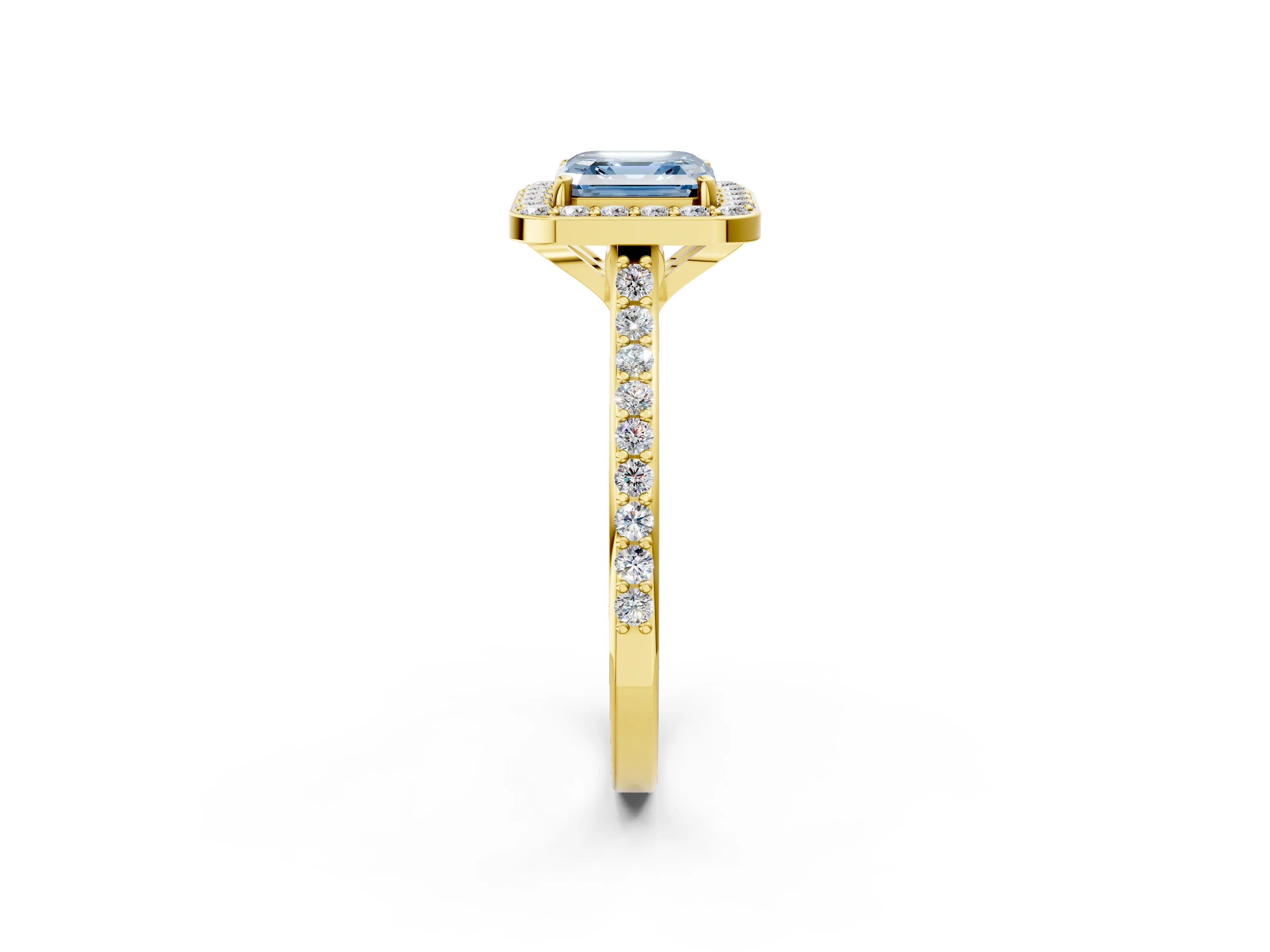 Yellow gold Fancy Blue Asscher Cut Halo Round Diamond Pavé Band with Four-Prong Setting_5