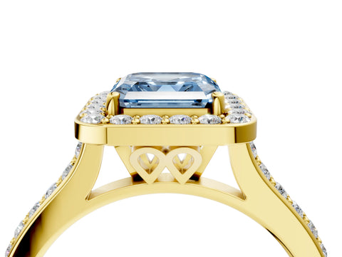 Yellow gold Fancy Blue Asscher Cut Halo Round Diamond Pavé Band with Four-Prong Setting_7