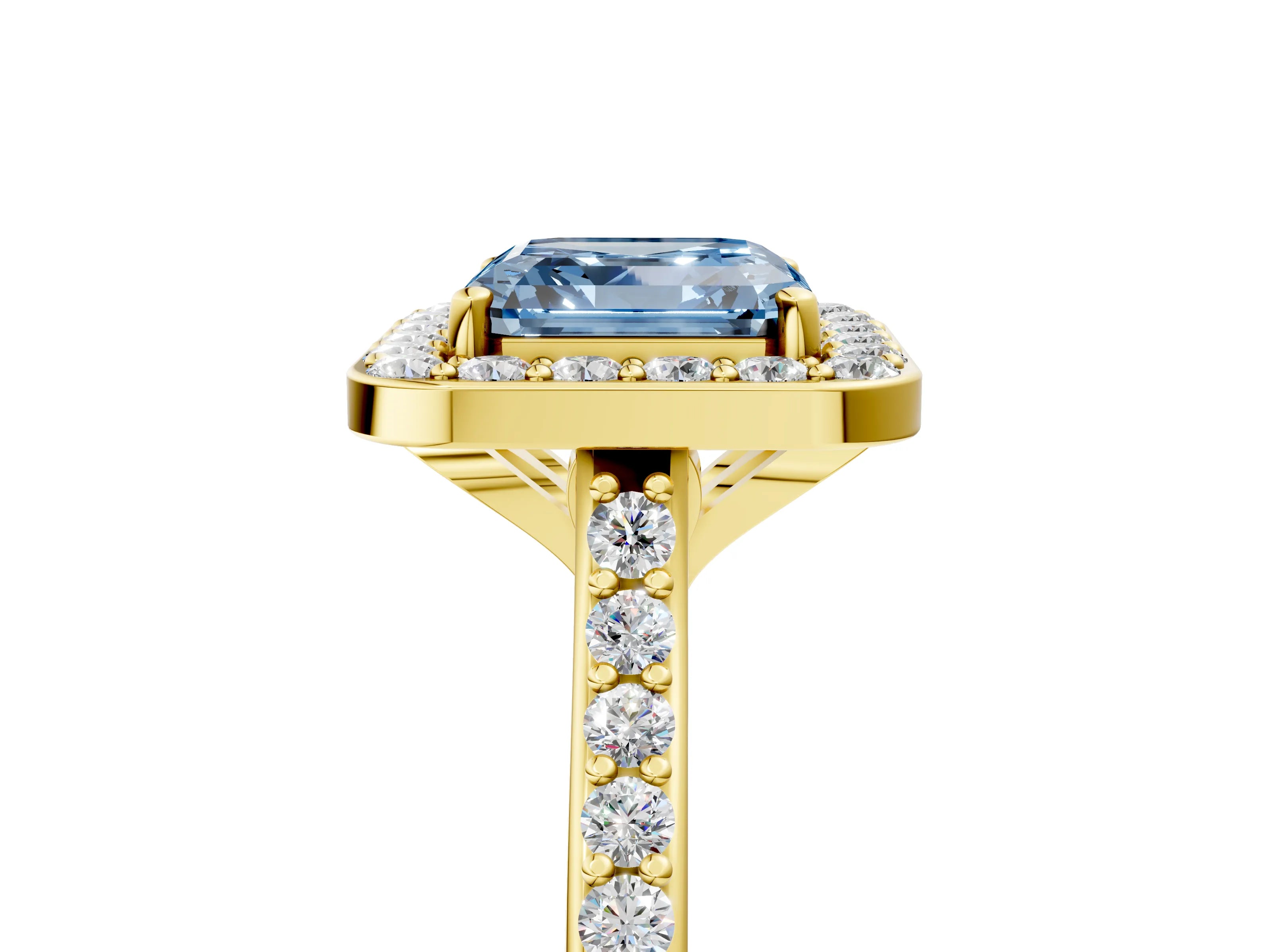 Yellow gold Fancy Blue Asscher Cut Halo Round Diamond Pavé Band with Four-Prong Setting_8