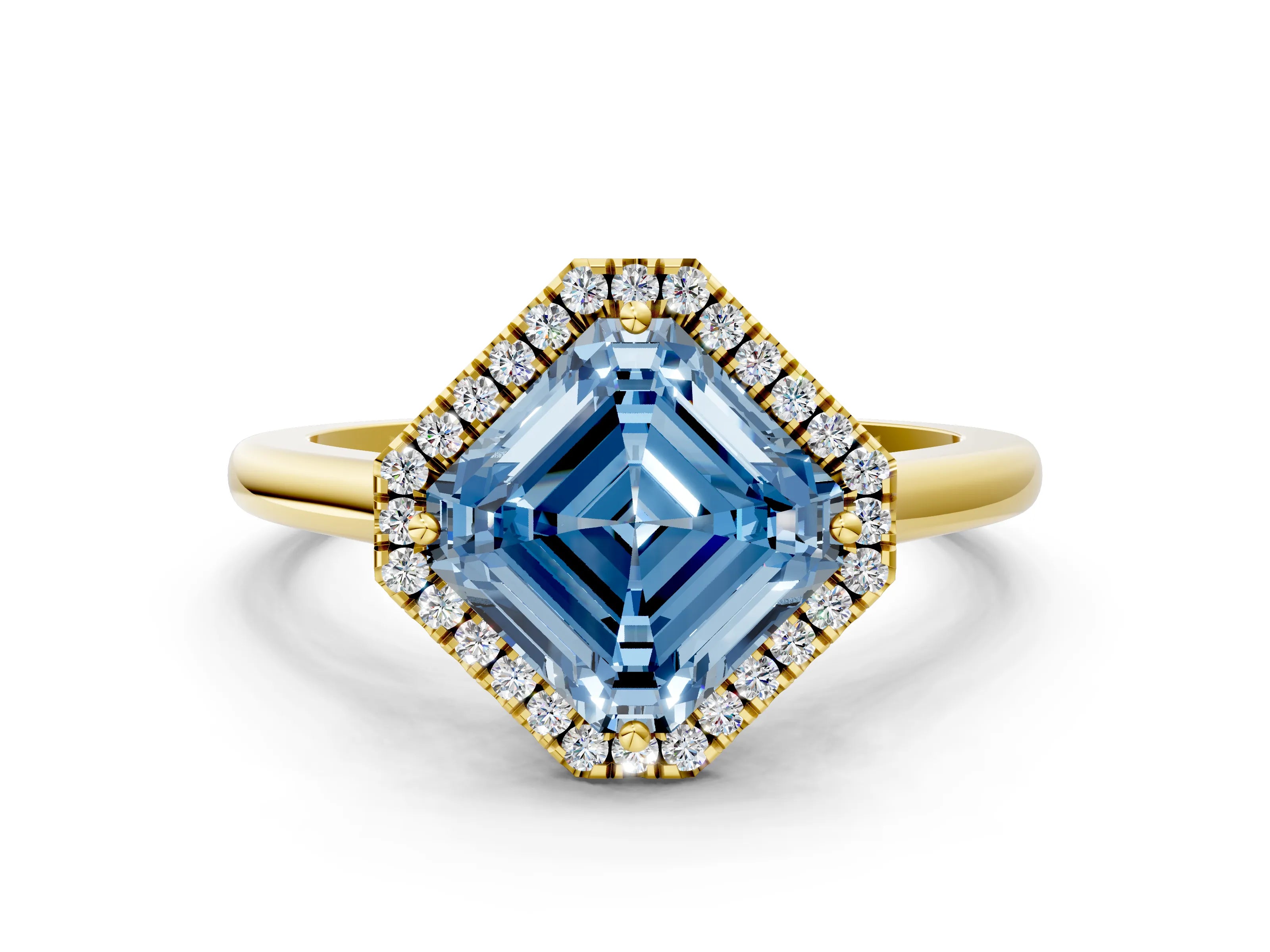 Yellow gold Fancy Blue Asscher Cut Halo Round Diamond Solitaire Engagement Ring with Pave Band and Four-Prong Setting_12