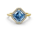 Yellow gold Fancy Blue Asscher Cut Halo Round Diamond Solitaire Engagement Ring with Pave Band and Four-Prong Setting_12