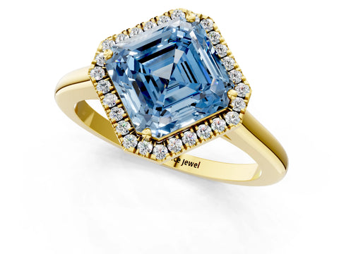 Yellow gold Fancy Blue Asscher Cut Halo Round Diamond Solitaire Engagement Ring with Pave Band and Four-Prong Setting_13