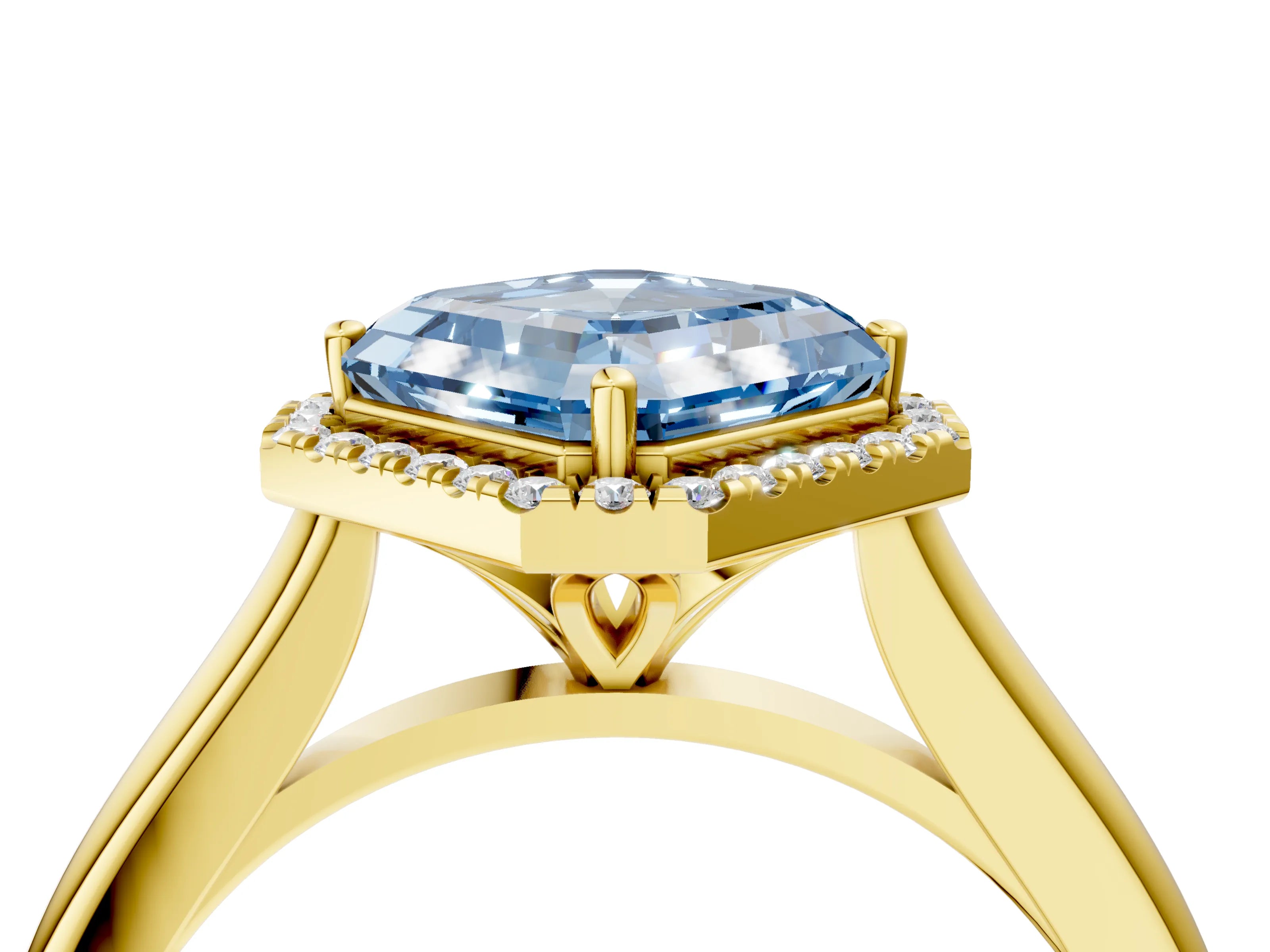 Yellow gold Fancy Blue Asscher Cut Halo Round Diamond Solitaire Engagement Ring with Pave Band and Four-Prong Setting_16