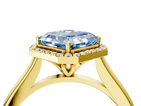 Yellow gold Fancy Blue Asscher Cut Halo Round Diamond Solitaire Engagement Ring with Pave Band and Four-Prong Setting_16