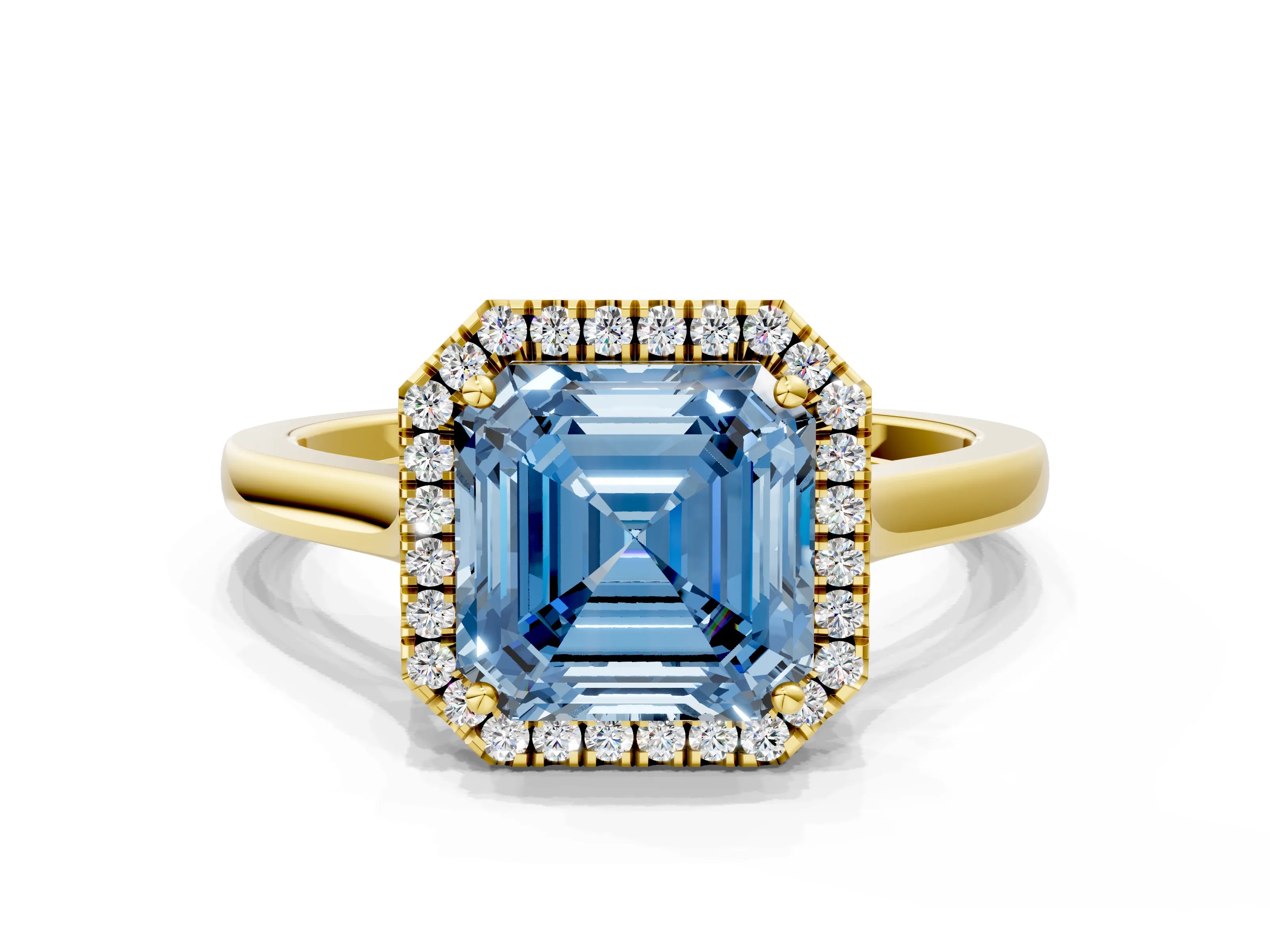 Yellow gold Fancy Blue Asscher Cut Halo Round Diamond Solitaire Ring with Pavé Band and Four-Prong Setting