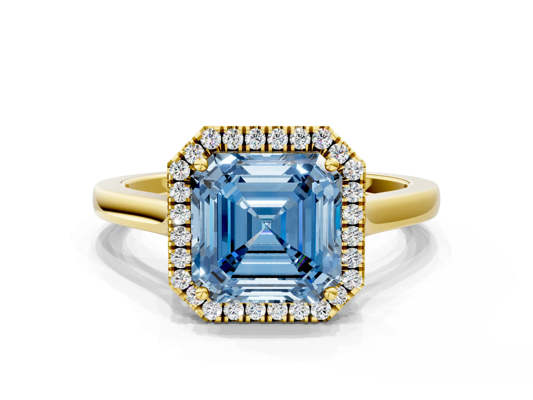 Yellow gold Fancy Blue Asscher Cut Halo Round Diamond Solitaire Ring with Pavé Band and Four-Prong Setting