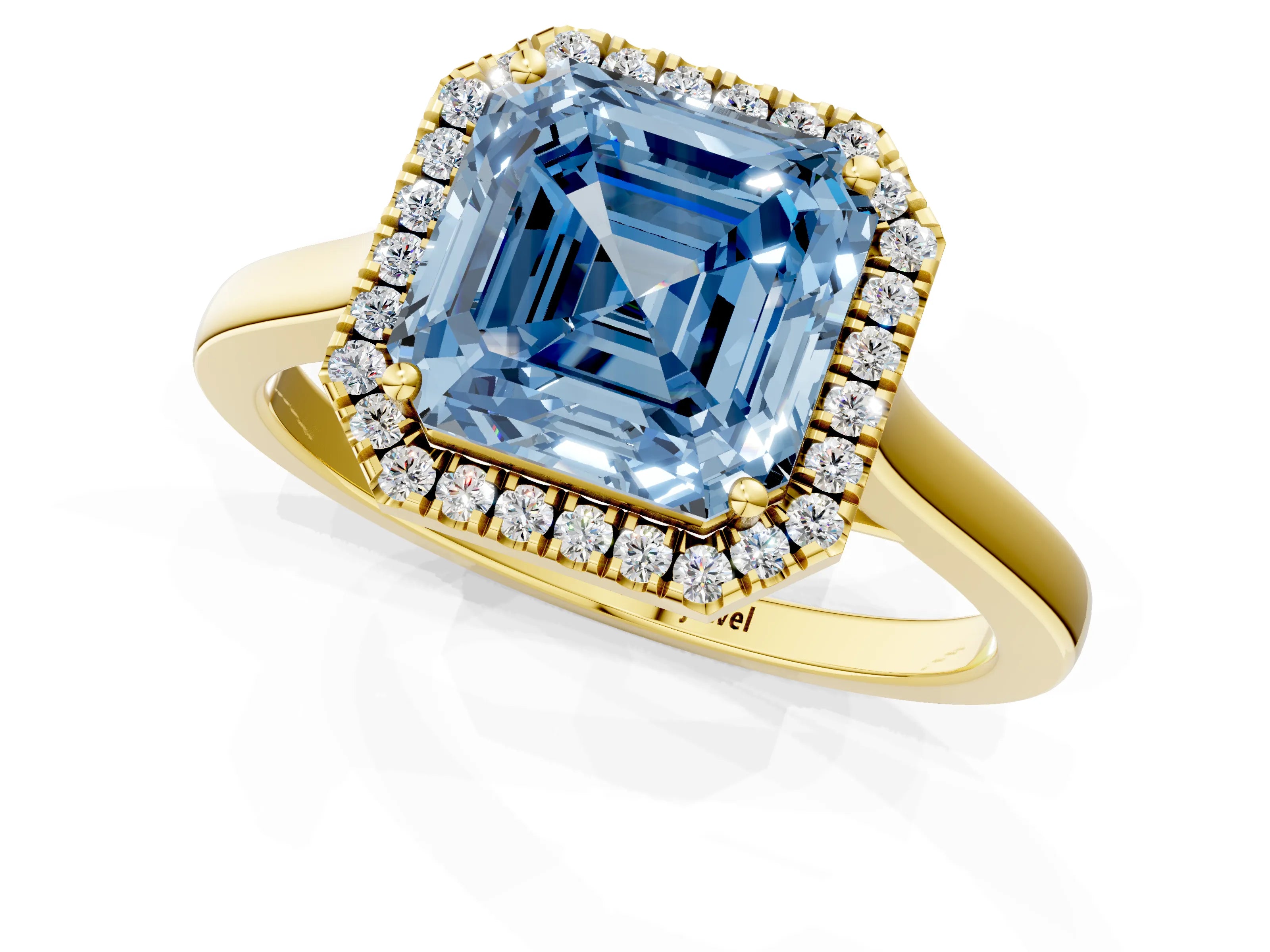 Yellow gold Fancy Blue Asscher Cut Halo Round Diamond Solitaire Ring with Pavé Band and Four-Prong Setting_1