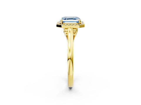 Yellow gold Fancy Blue Asscher Cut Halo Round Diamond Solitaire Ring with Pavé Band and Four-Prong Setting_2
