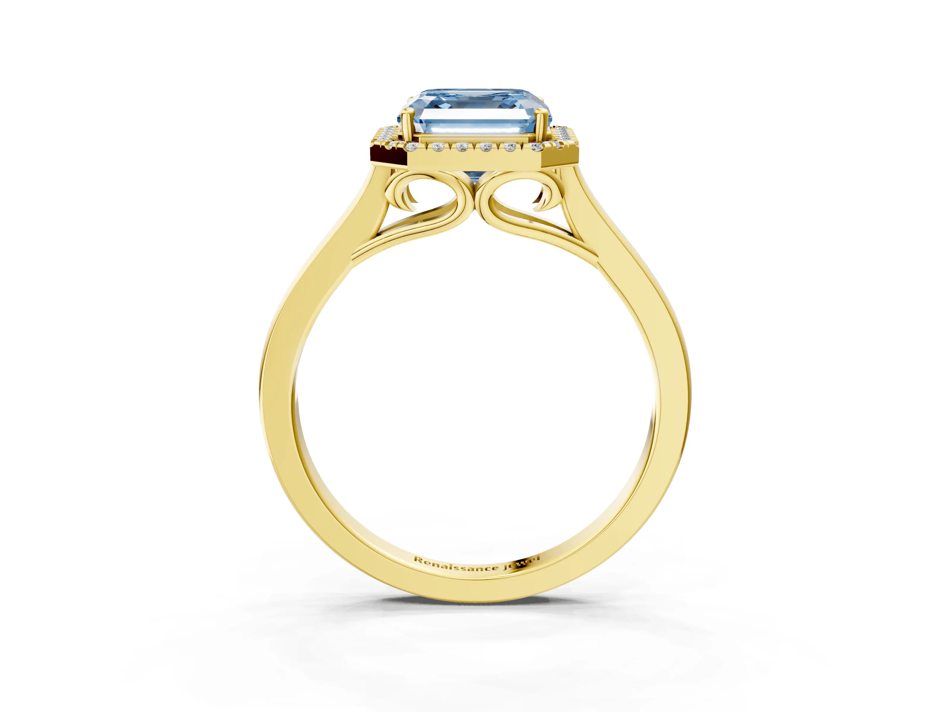 Yellow gold Fancy Blue Asscher Cut Halo Round Diamond Solitaire Ring with Pavé Band and Four-Prong Setting_3