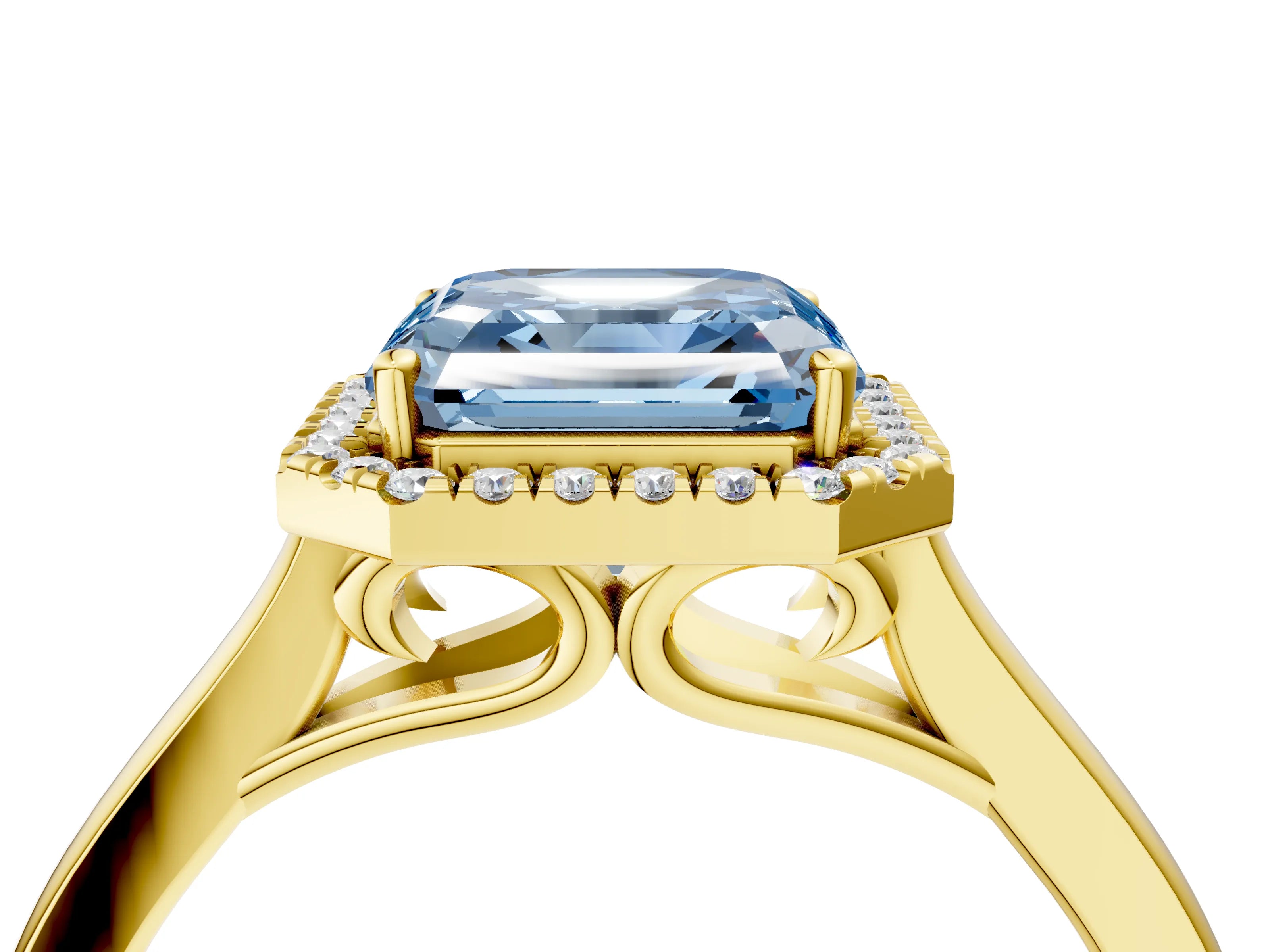 Yellow gold Fancy Blue Asscher Cut Halo Round Diamond Solitaire Ring with Pavé Band and Four-Prong Setting_4