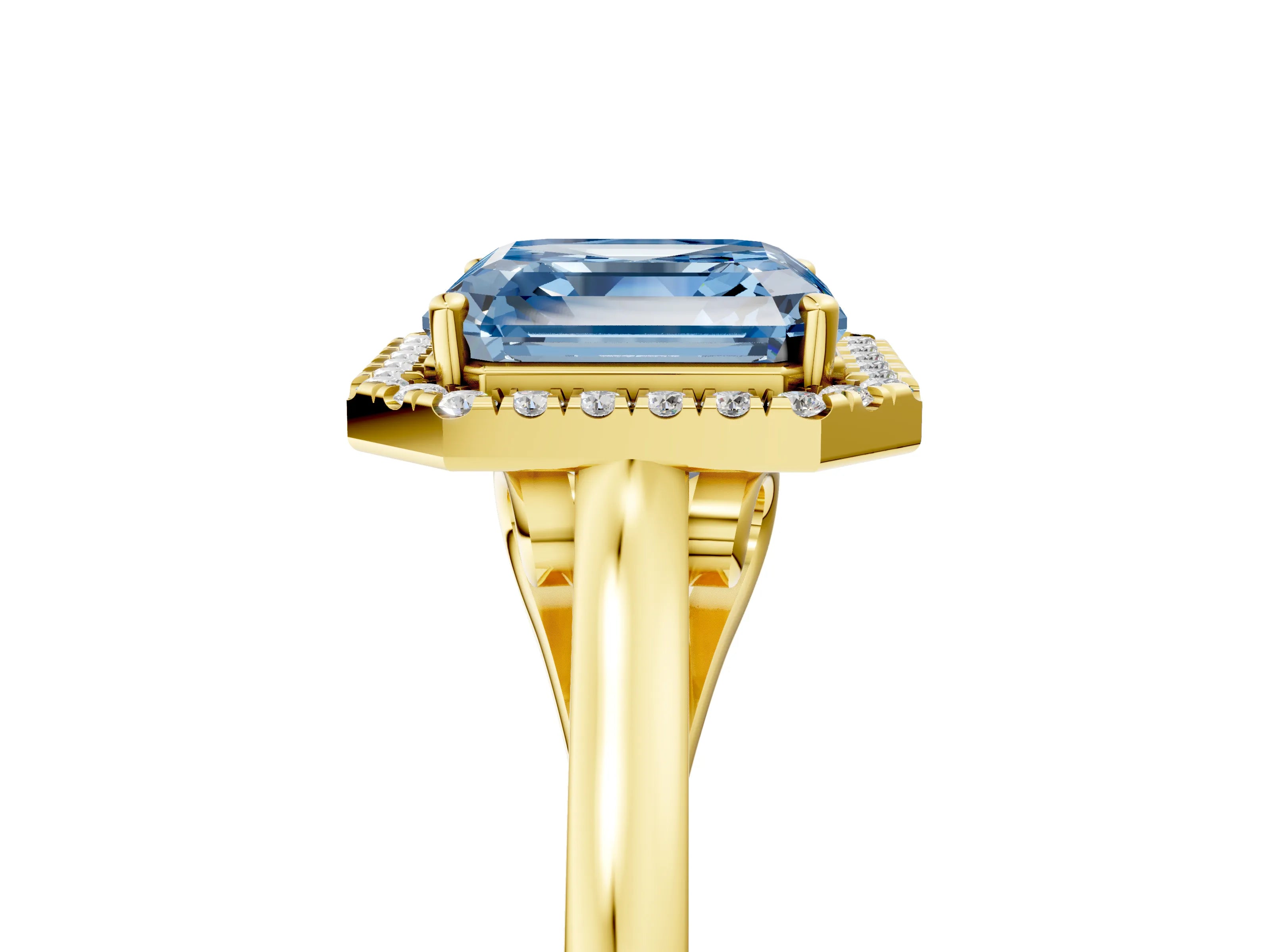 Yellow gold Fancy Blue Asscher Cut Halo Round Diamond Solitaire Ring with Pavé Band and Four-Prong Setting_5
