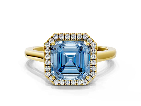 Yellow gold Fancy Blue Asscher Cut Halo Round Diamond Solitaire Ring with Pavé Band and Four-Prong Setting