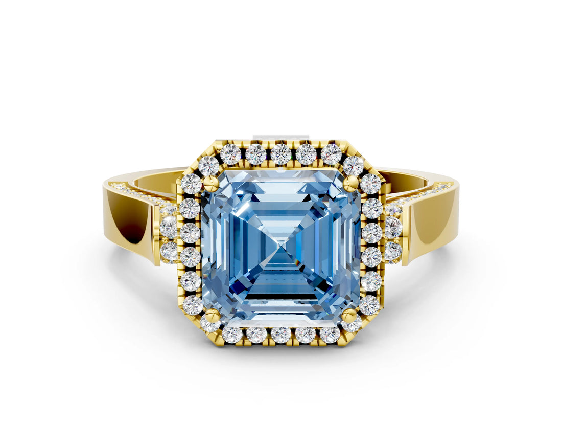 Yellow gold Fancy Blue Asscher Cut Halo Round Diamond Twist Band with Four-Prong Setting