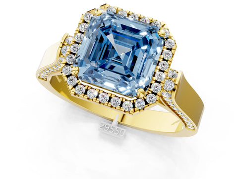 Yellow gold Fancy Blue Asscher Cut Halo Round Diamond Twist Band with Four-Prong Setting_1