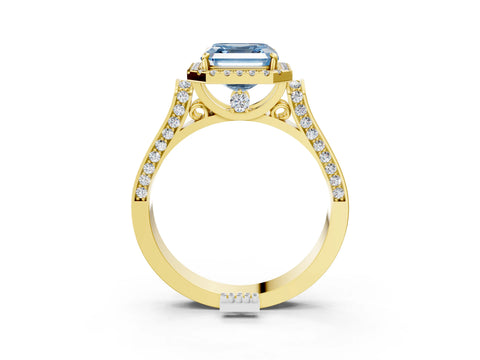 Yellow gold Fancy Blue Asscher Cut Halo Round Diamond Twist Band with Four-Prong Setting_3