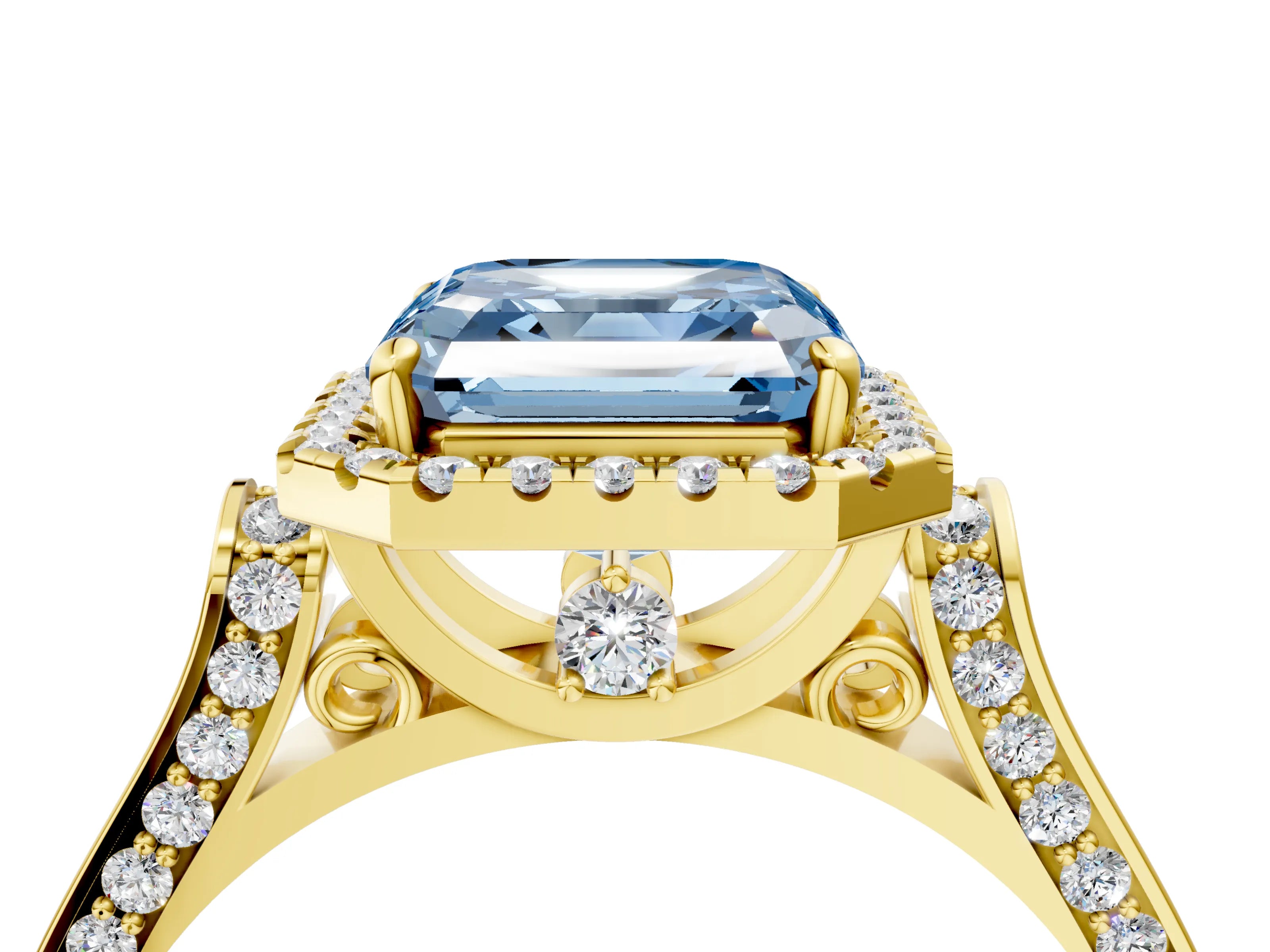 Yellow gold Fancy Blue Asscher Cut Halo Round Diamond Twist Band with Four-Prong Setting_4