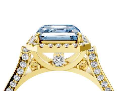 Yellow gold Fancy Blue Asscher Cut Halo Round Diamond Twist Band with Four-Prong Setting_4