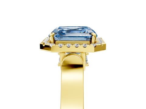 Yellow gold Fancy Blue Asscher Cut Halo Round Diamond Twist Band with Four-Prong Setting_5