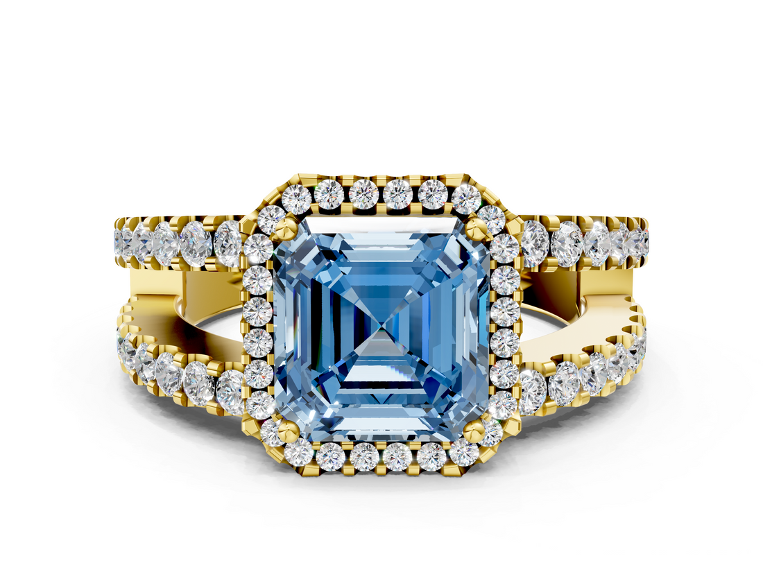 Yellow gold Fancy Blue Asscher  Cut Halo Split Shank Diamond Ring with Four-Prong Setting