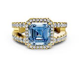 Yellow gold Fancy Blue Asscher  Cut Halo Split Shank Diamond Ring with Four-Prong Setting
