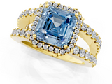 Yellow gold Fancy Blue Asscher  Cut Halo Split Shank Diamond Ring with Four-Prong Setting_1