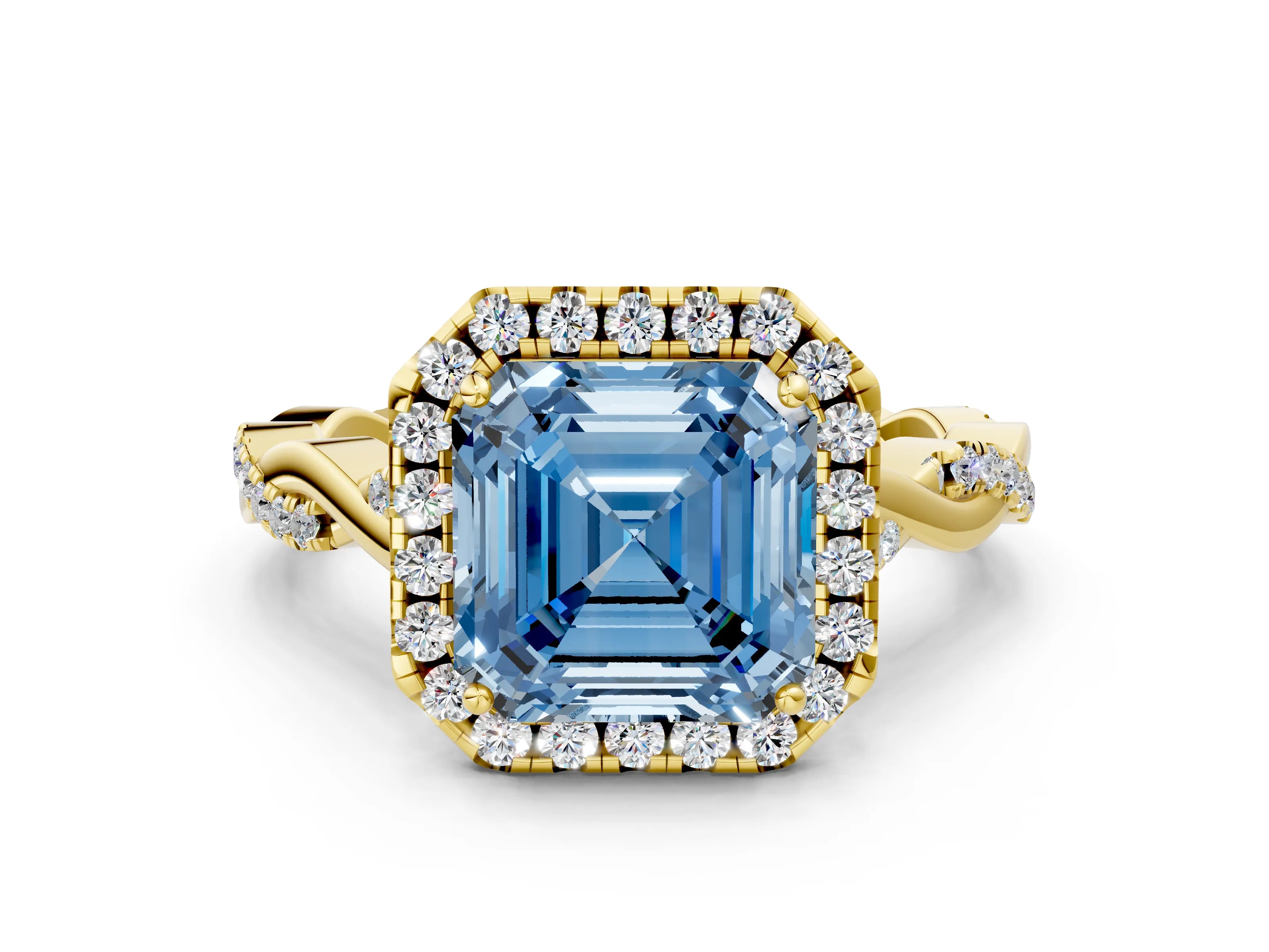 Yellow gold Fancy Blue Asscher Cut Halo Twist Band with Four-Prong Setting