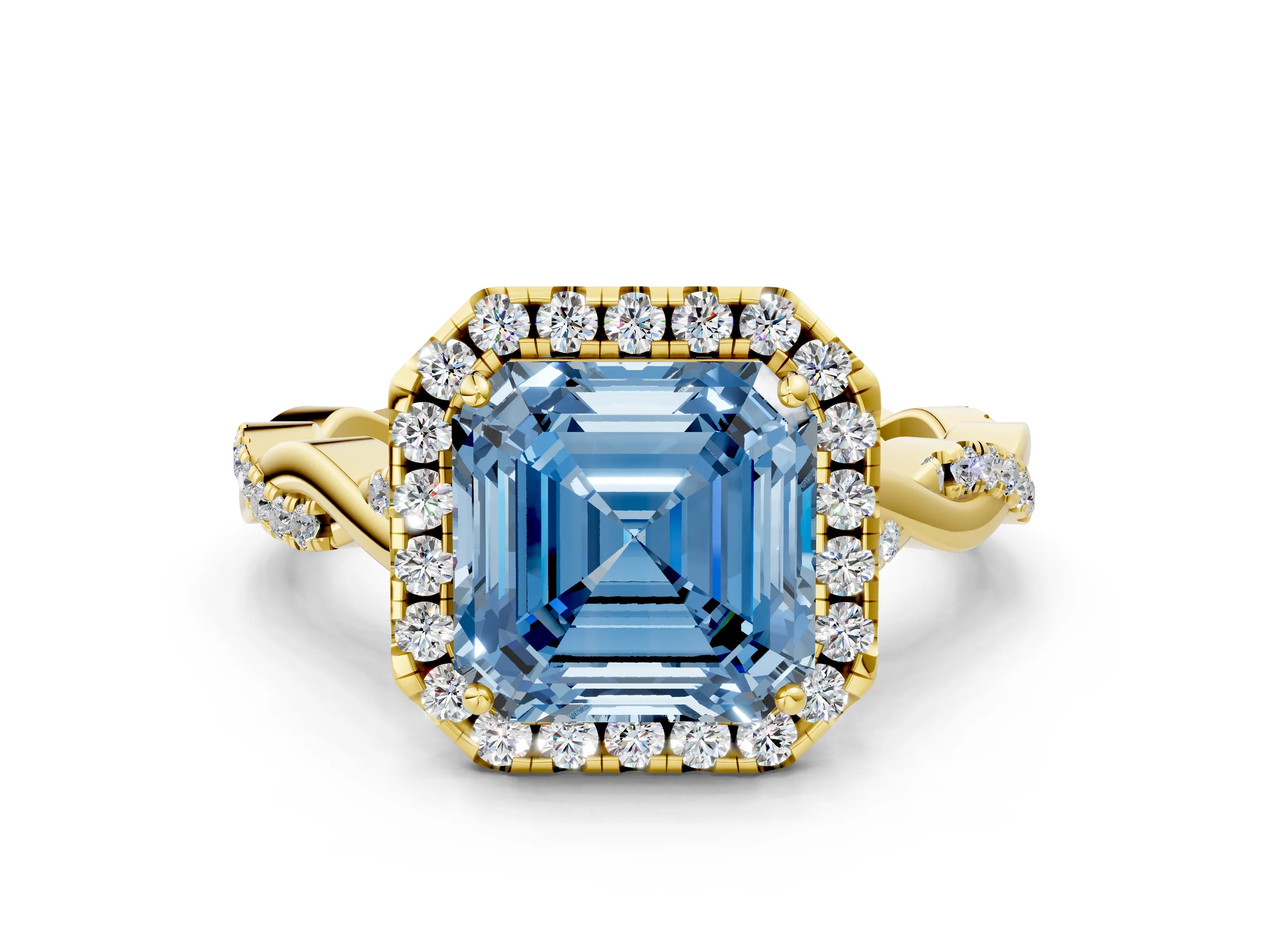 Yellow gold Fancy Blue Asscher Cut Halo Twist Band with Four-Prong Setting_12