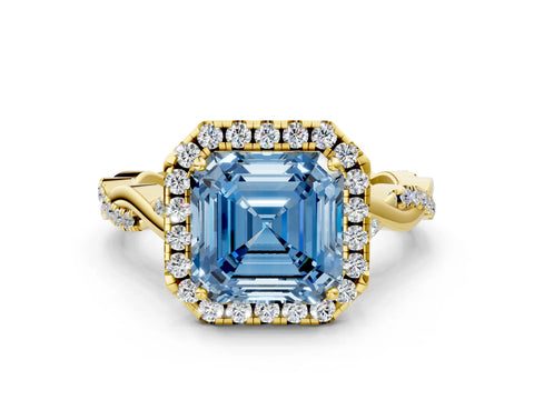 Yellow gold Fancy Blue Asscher Cut Halo Twist Band with Four-Prong Setting_12