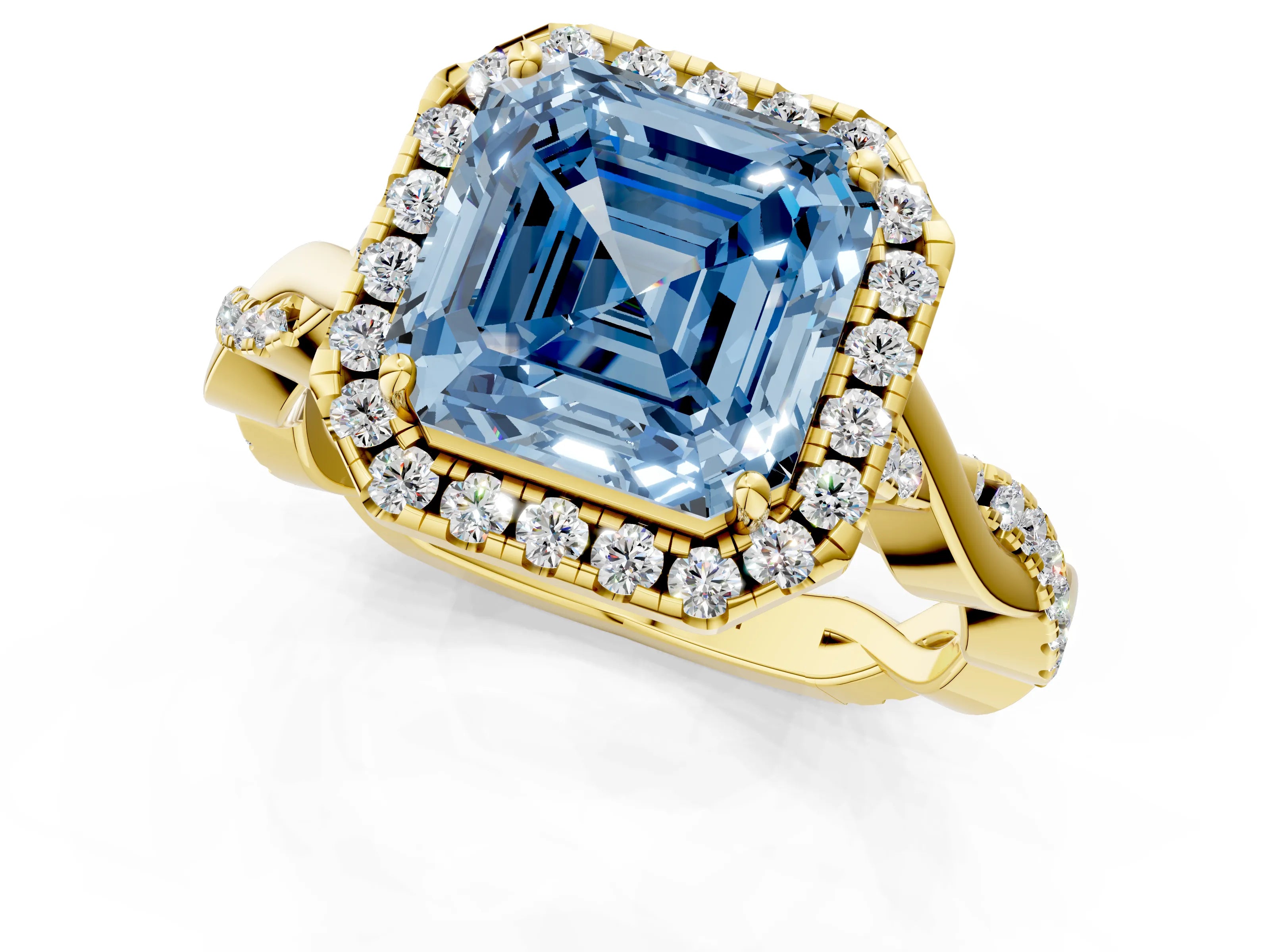 Yellow gold Fancy Blue Asscher Cut Halo Twist Band with Four-Prong Setting_13