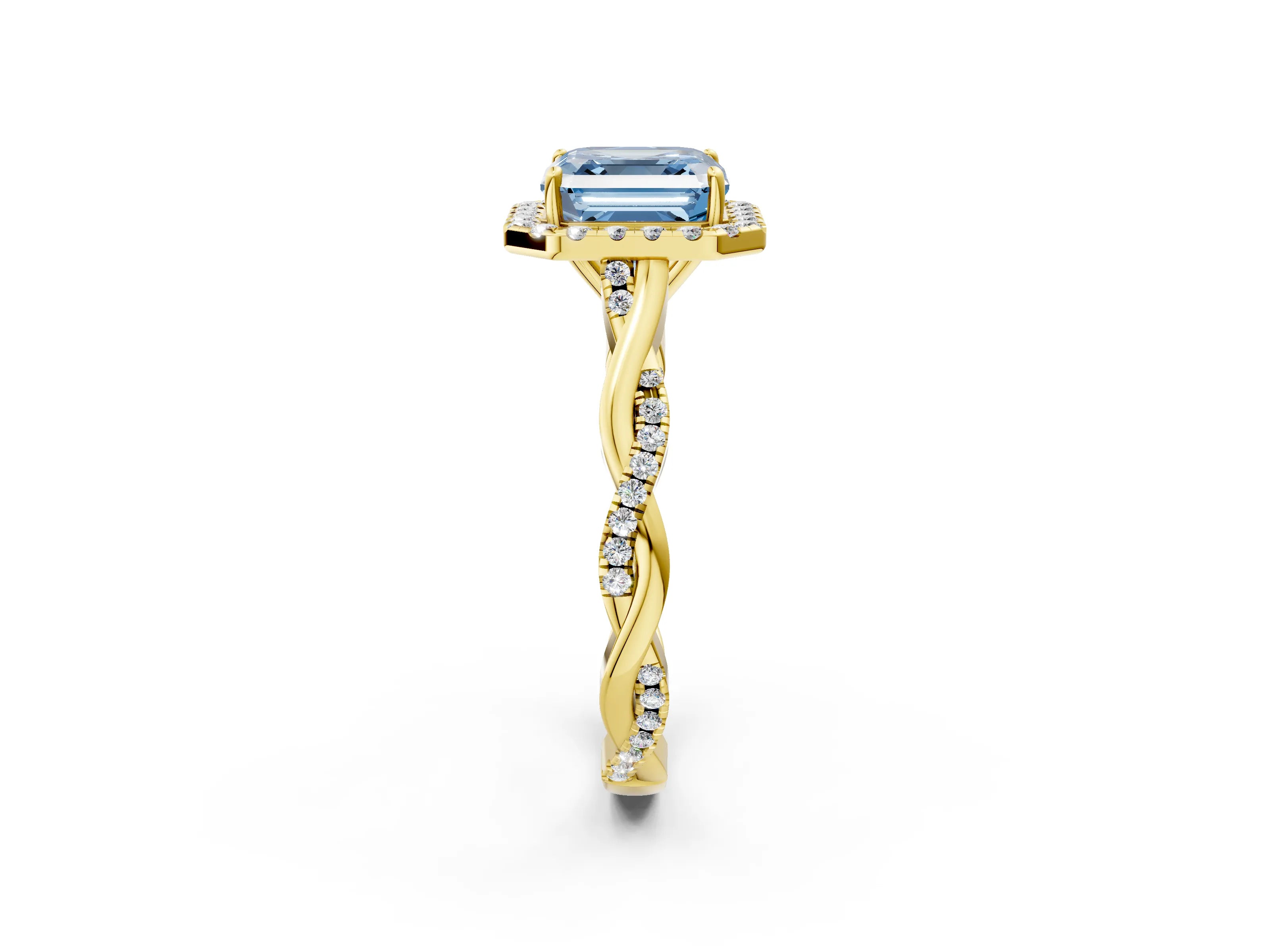 Yellow gold Fancy Blue Asscher Cut Halo Twist Band with Four-Prong Setting_14