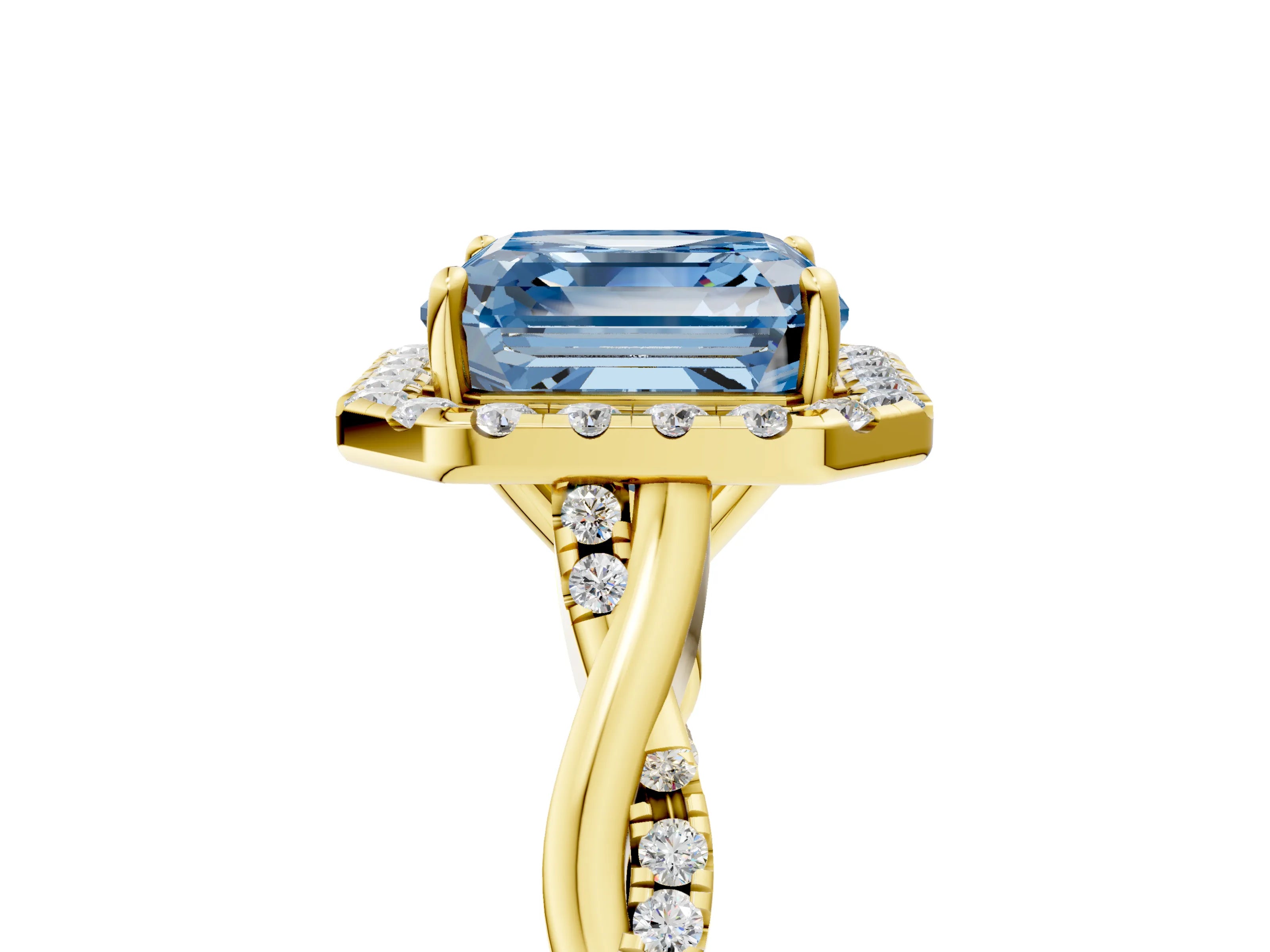 Yellow gold Fancy Blue Asscher Cut Halo Twist Band with Four-Prong Setting_17