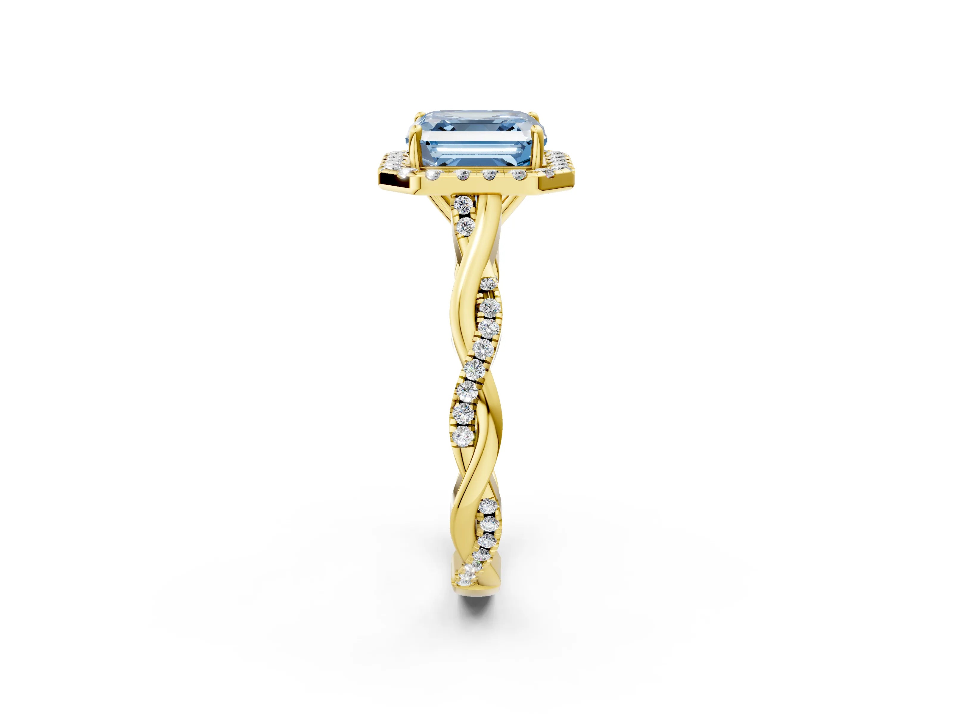 Yellow gold Fancy Blue Asscher Cut Halo Twist Band with Four-Prong Setting_2