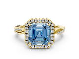 Yellow gold Fancy Blue Asscher  Cut Halo Twisted Band Four-Prong Ring