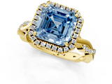 Yellow gold Fancy Blue Asscher  Cut Halo Twisted Band Four-Prong Ring_1